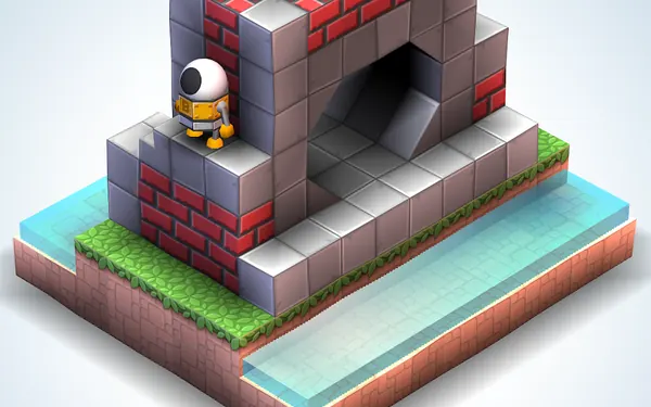 Diorama di Mekorama con torri di mattoni e piattaforme sospese