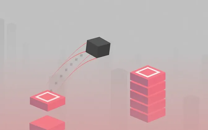 Schermata di BLUK con un cubo nero sospeso sopra colonne rosa